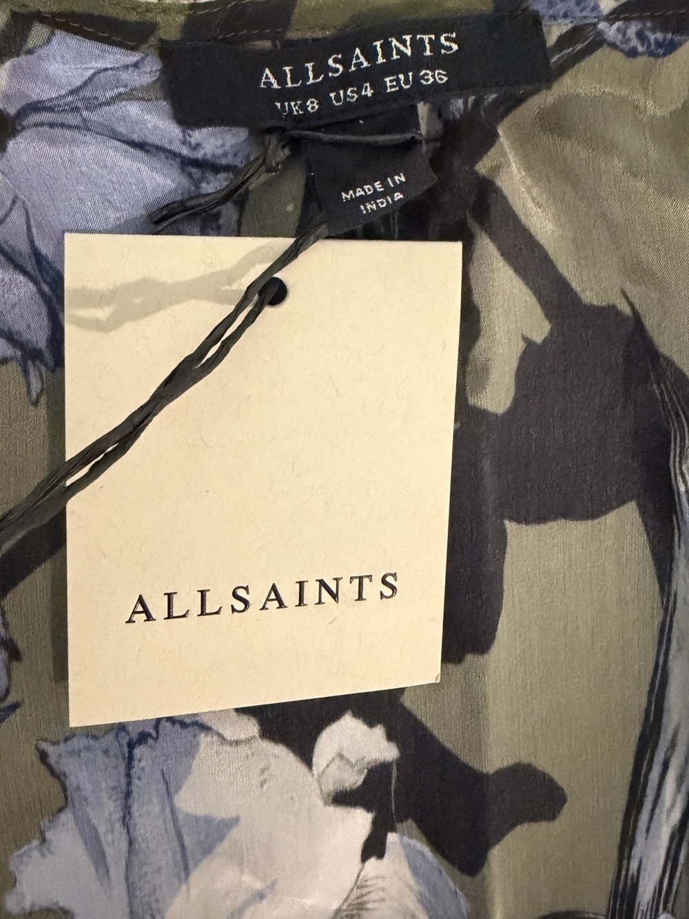 AllSaints Olive and Blue Floral High-Low Wrap Dress 100% Viscose - Picture 7 of 10